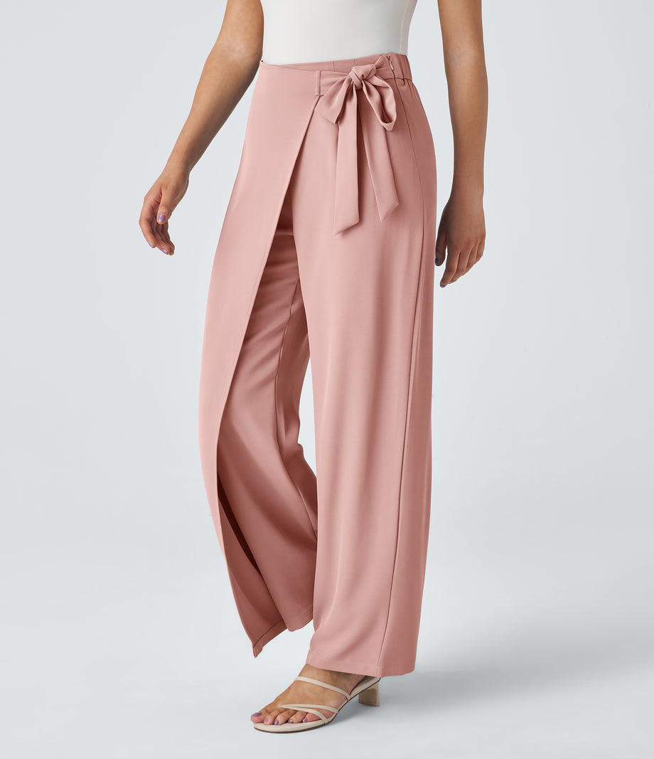 Halara Flex™ High Waisted Tie Side Wide Leg Work Pants - Frost Peach Pink