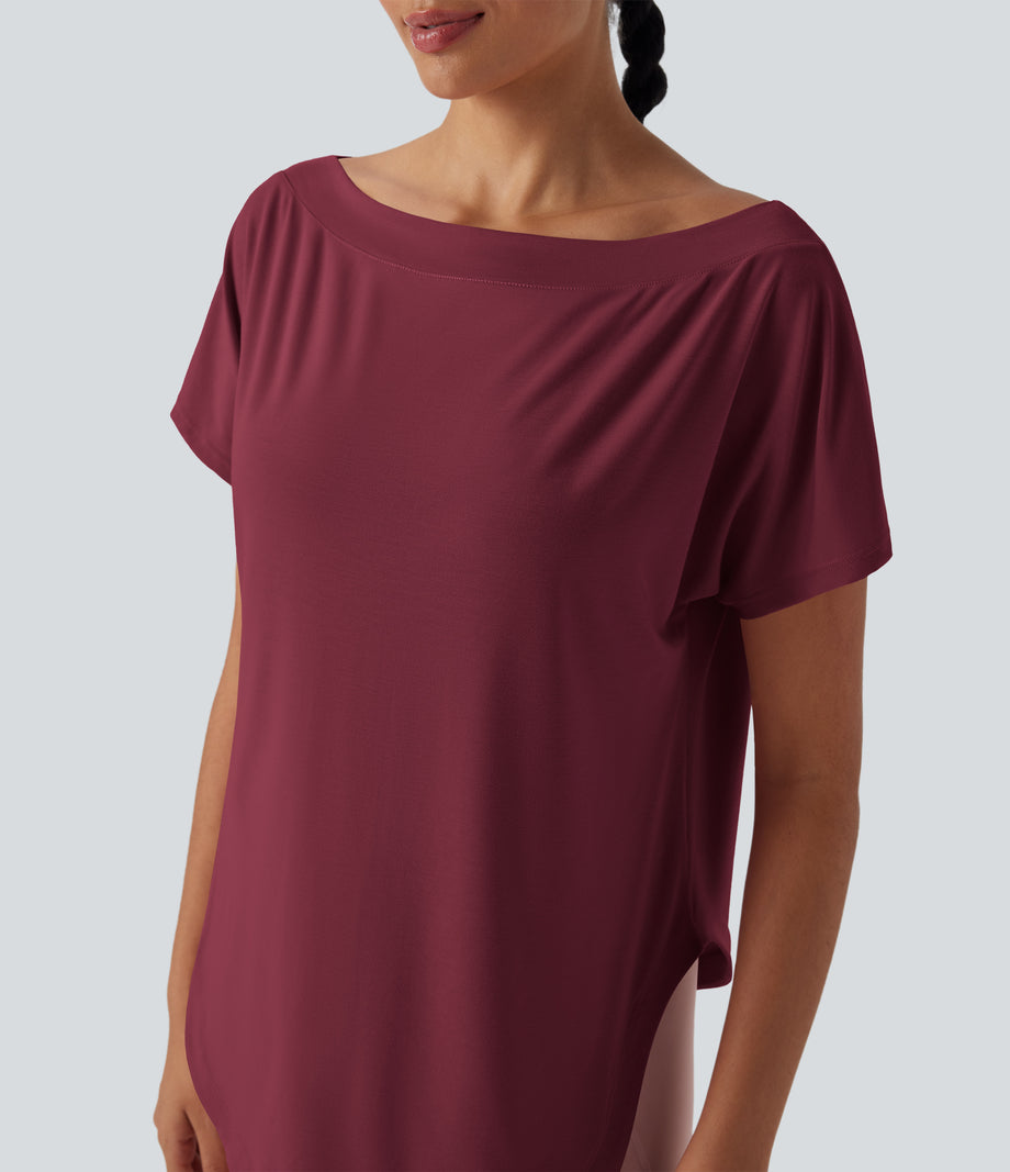 One Shoulder Short Sleeve Curved Hem High Low Quick Dry Yoga Sports Top - Tibetan Red