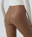 High Waisted Tummy Control Stretchy PU Fleece 7/8 Skinny Casual Leggings with Pockets - Argan Oil