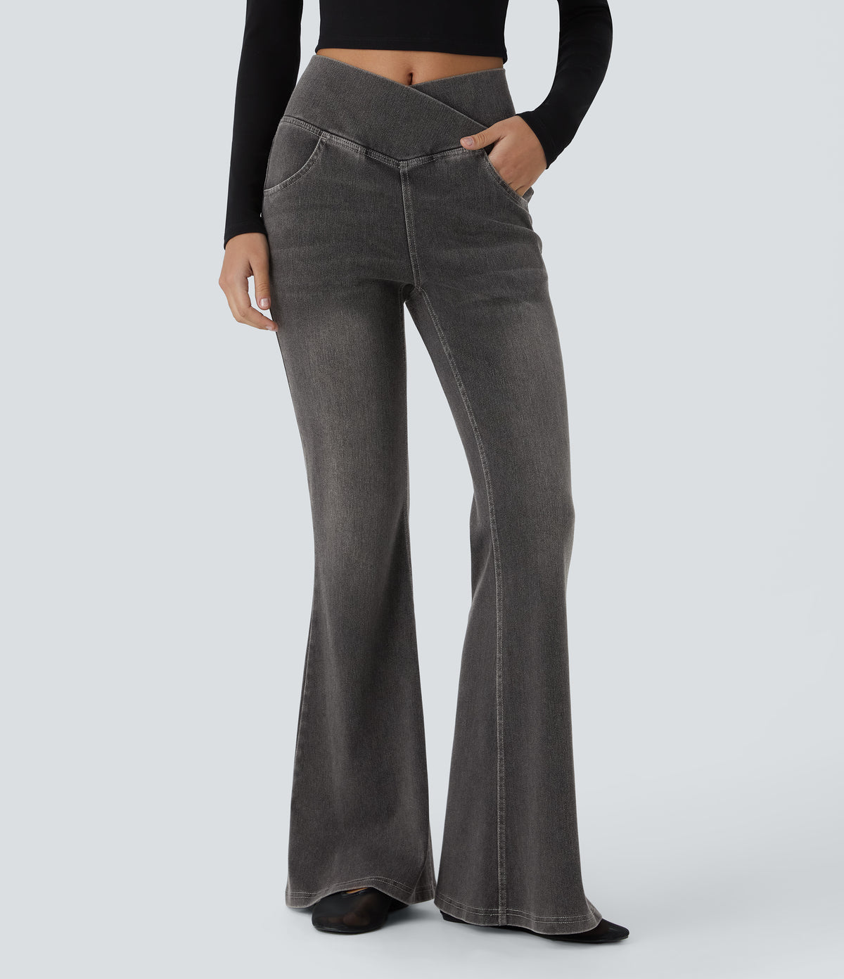 Halara Flex™ High Waisted Crossover Pocket Washed Casual Flare Jeans - Charcoal Black Denim