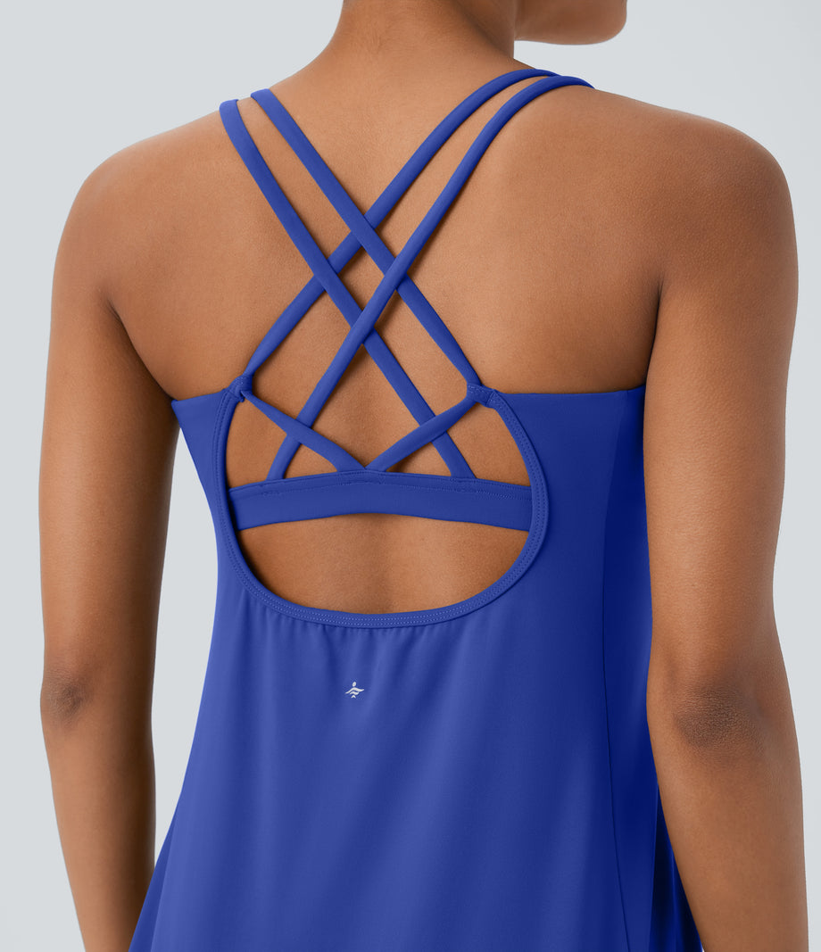 SoftlyZero™ Plush Cut Out Pocket 2-Piece Mini Yoga Active Dress - Lotus Blue