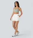 High Waisted Elastic Waistband Drawstring Pleated Yoga Shorts 3" with Pockets - White