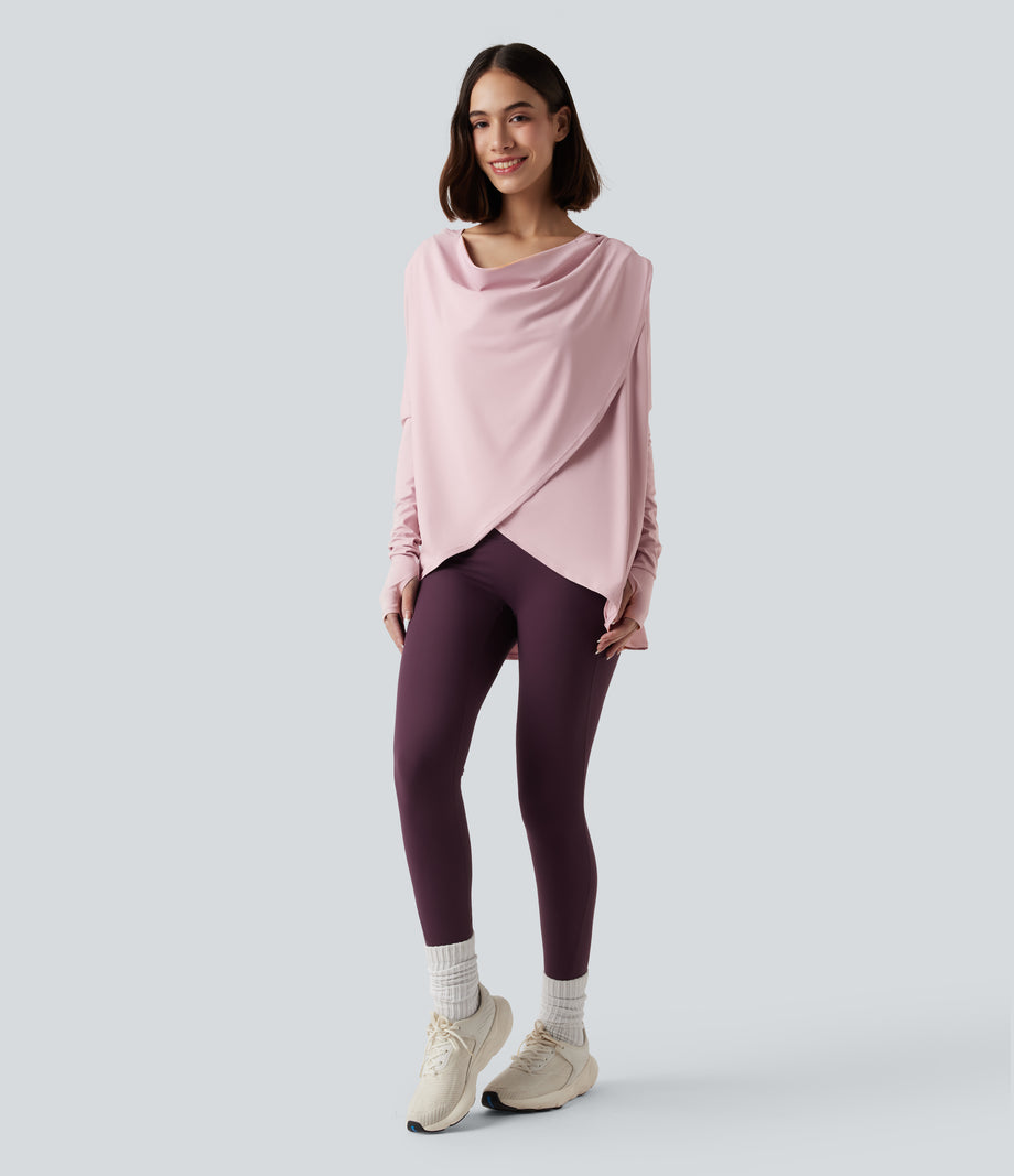 Hooded Cowl Neck Long Sleeve Thumb Hole Yoga Sports Top with Pockets - Pale Lilac