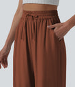 High Waisted Drawstring Wide Leg Casual Linen-Blend Pants with Pockets - Sequoia