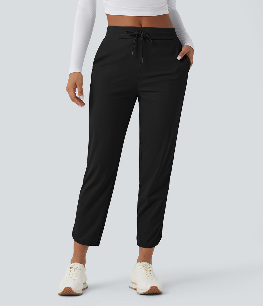 Mid Rise Drawstring Curved Hem Quick Dry Golf Tapered Pants with Pockets-UPF40+ - Black