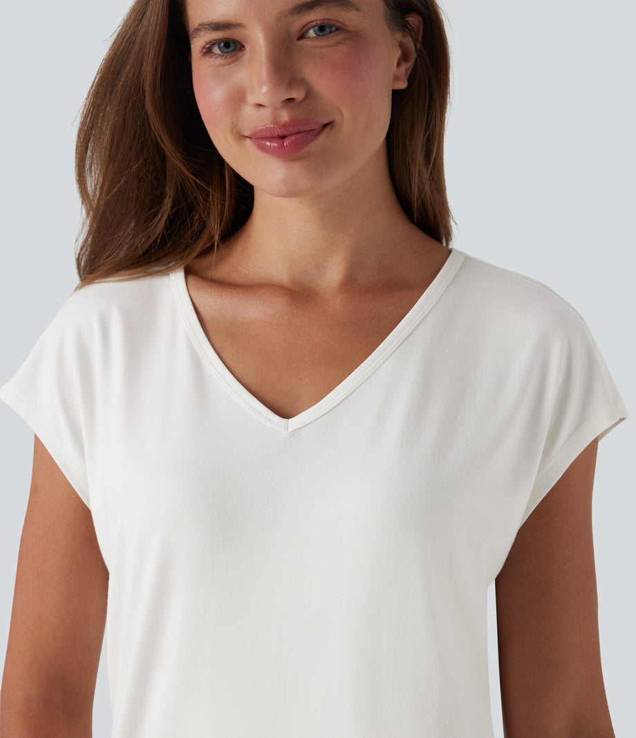 V Neck Short Sleeve Casual T-Shirt - White