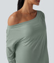 One Shoulder Long Sleeve Thumb Hole Curved Hem High Low Quick Dry Yoga Sports Top-Built-in Bra - Iceberg Green