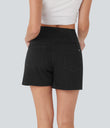 Halara Flex™ Crossover High Waisted Pockets Wide Leg A Line Washed Denim Casual Shorts - Meteorite Black Denim