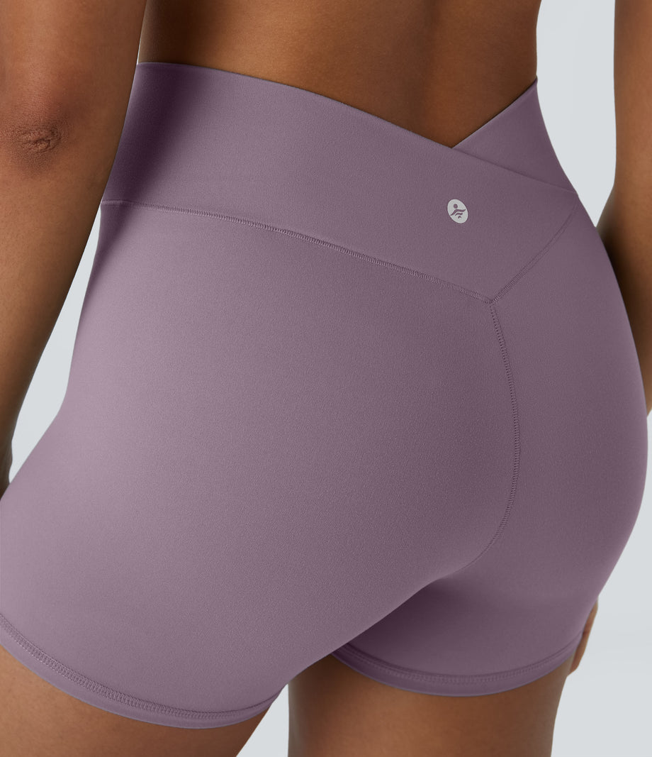 SoftlyZero™ High Waisted Crossover Plain Yoga Biker Shorts 3''-UPF50+ - Cinnabar Purple