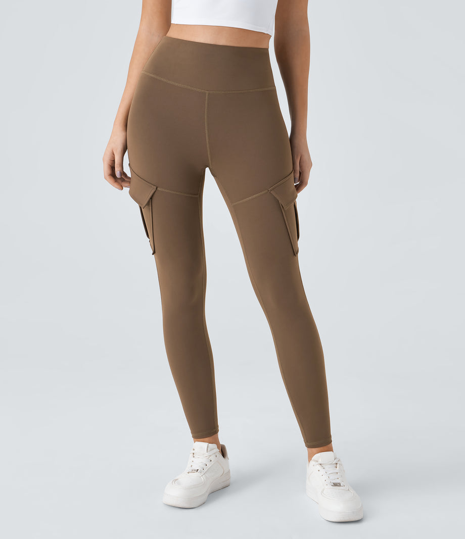 DayStretch High Waisted Cargo Pocket Skinny Yoga Leggings - Sepia