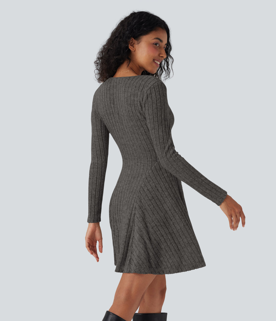 Ribbed Knit V Neck Long Sleeve Flare Mini Casual Dress with Pockets - Mottled Dark Gray