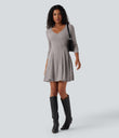 Ribbed Knit V Neck Long Sleeve Flare Mini Casual Dress with Pockets - Light Pink Floral Yarn