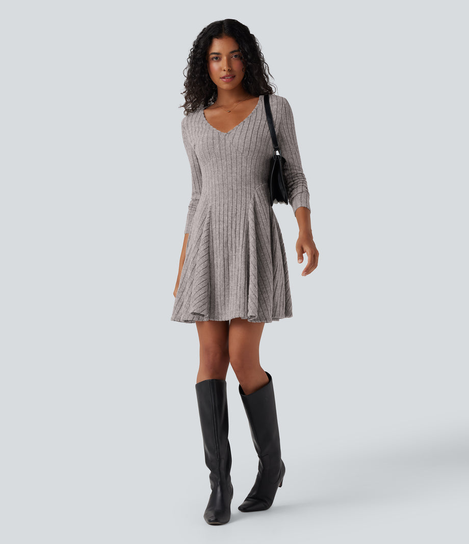 Ribbed Knit V Neck Long Sleeve Flare Mini Casual Dress with Pockets - Light Pink Floral Yarn
