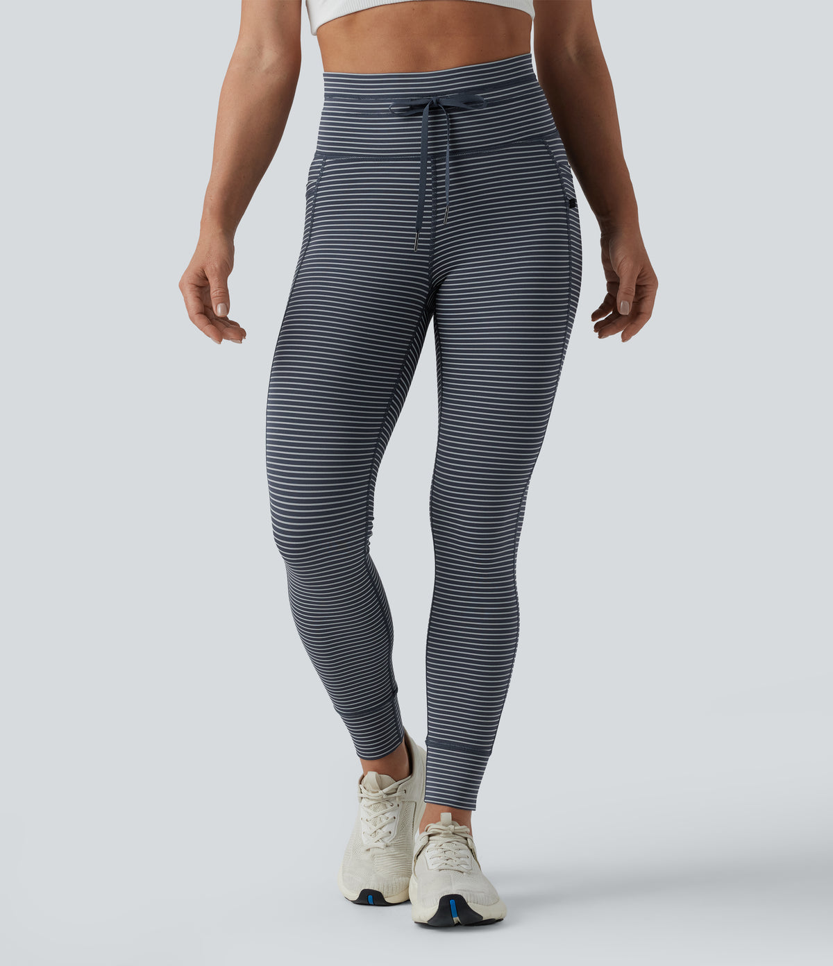 High Waisted Drawstring Striped Yoga Leggings with Pockets - Midnight Stripe