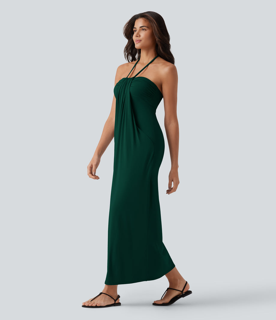 Halter Tie Back Maxi Dress with Pockets - Emerald Green