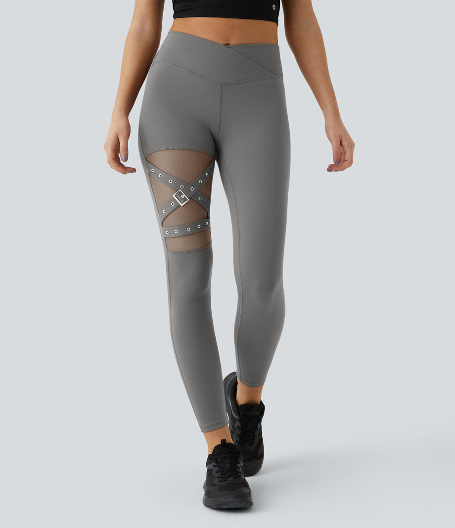 DayStretch High Waisted Crossover Contrast Mesh Decorative Buckle Yoga Leggings - Silent Storm