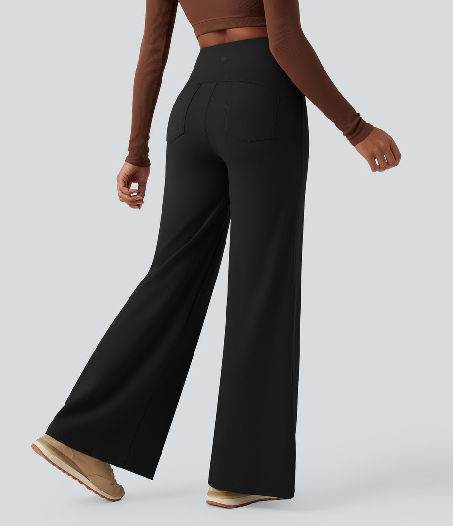 DayStretch High Waisted Tummy Control Wide Leg Baggy Yoga Pants with Pockets - Black
