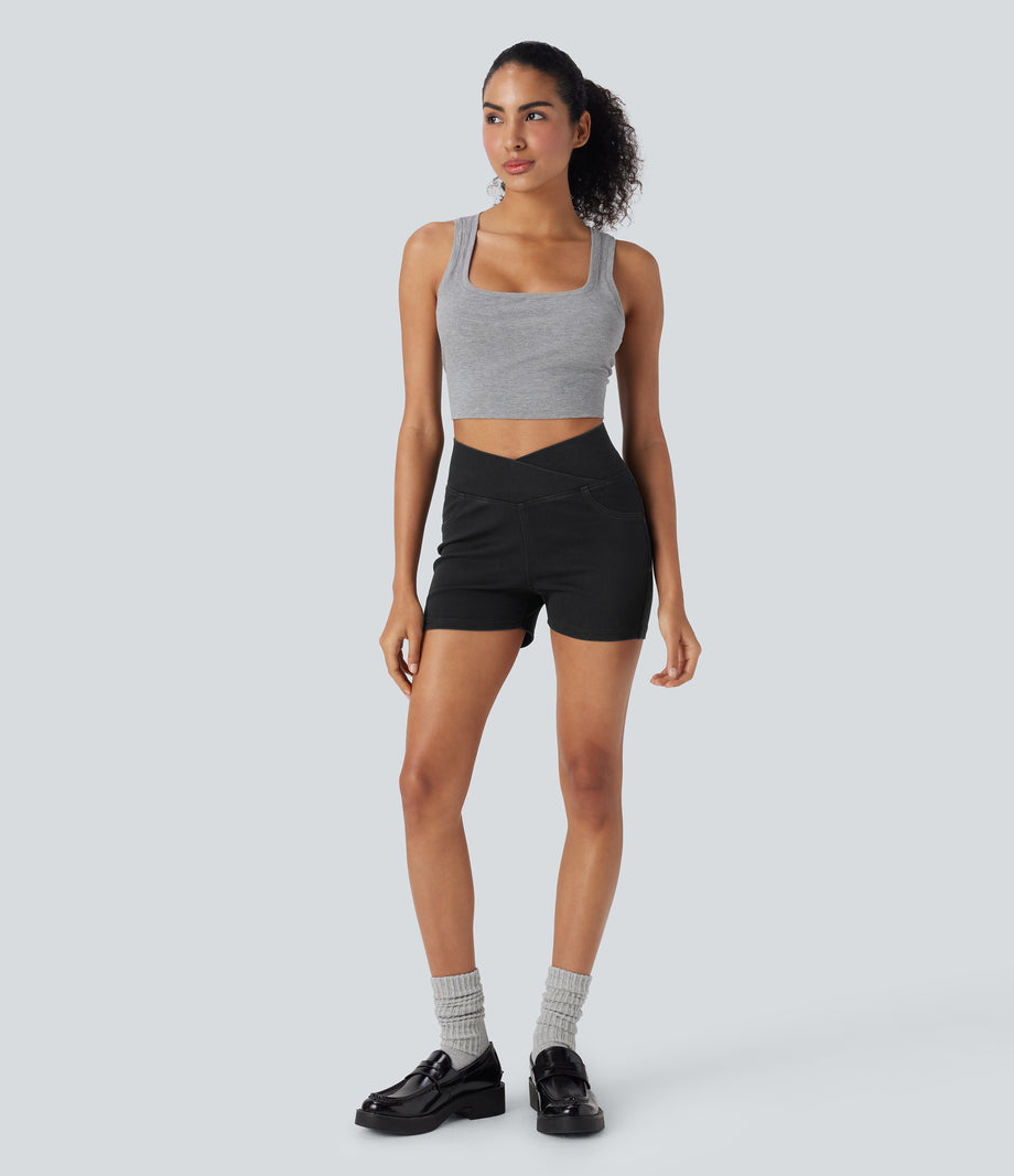 Halara Flex™ High Waisted Crossover Pocket Denim Casual Shorts 3" - Black Denim