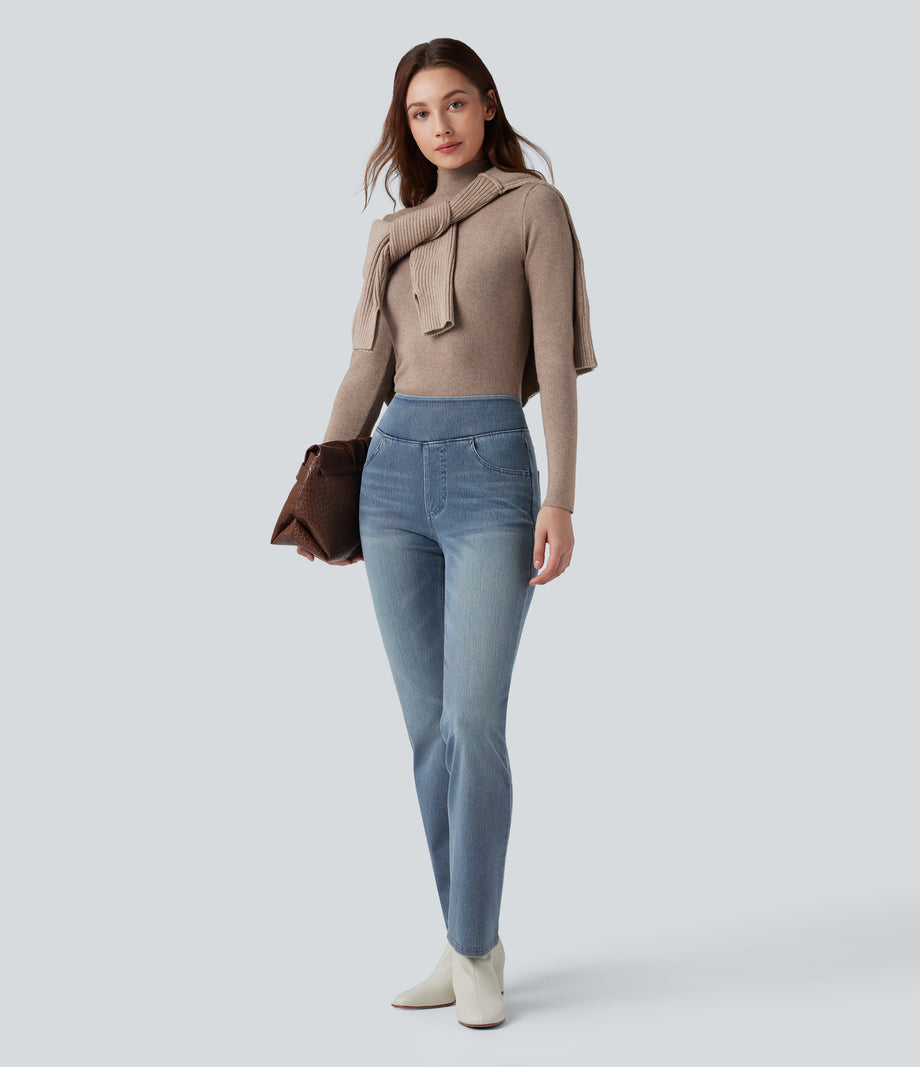 Halara Flex™ High Waisted Pockets Washed Casual Bootcut Jeans - Sunset Blue Denim
