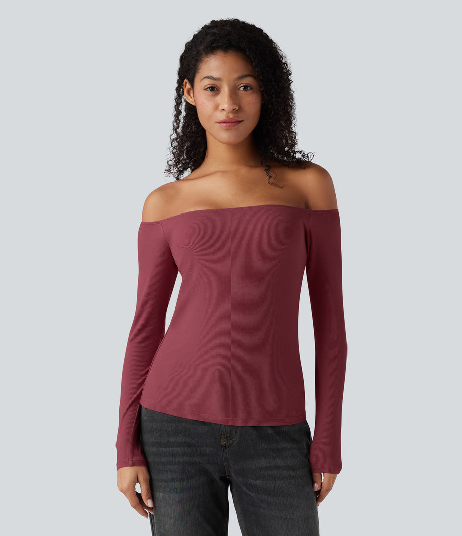 Ribbed Knit Off Shoulder Long Sleeve 2-in-1 Casual Top - Ruby Wine