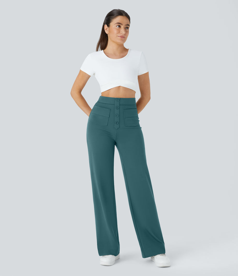 DayStretch High Waisted Pockets Straight Leg Casual Pants - Atlantic Deep