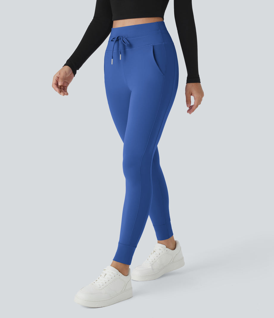 SoftlyZero™ Plush High Waisted Drawstring Pocket Plain Full Length Joggers - Beaucoup Blue
