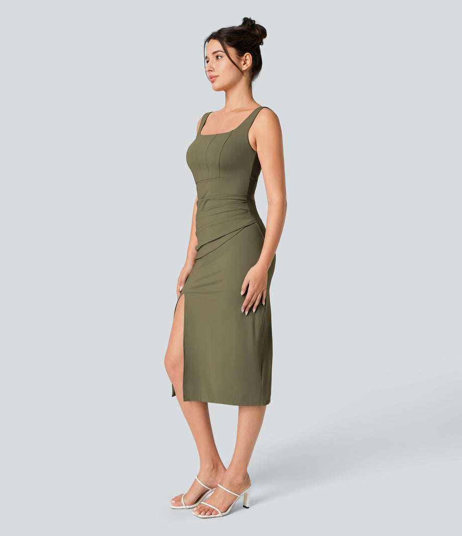 SoftlyZero™ Airy Square Neck Backless Corset Ruched Split Bodycon Midi Cool Touch Bridesmaid and Wedding Guest Dress - Withered Green