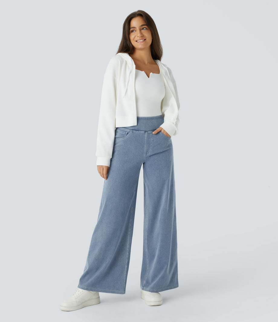 Halara Flex™ High Waisted Pockets Wide Leg Loose Work Jeans - Ice Crevice Denim
