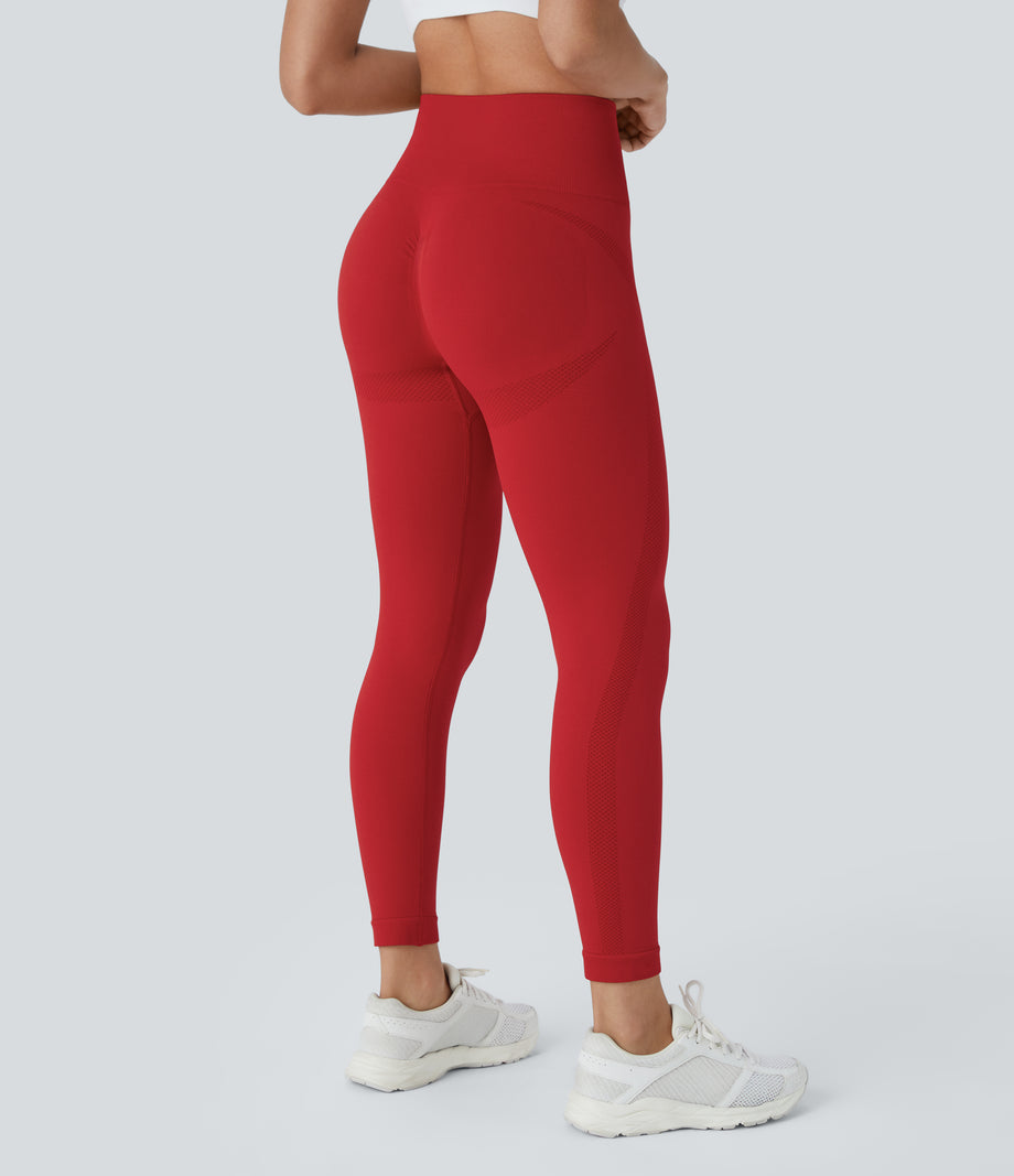 OneForm Seamless Flow High Waisted Ruched 7/8 Yoga Leggings - Salsa