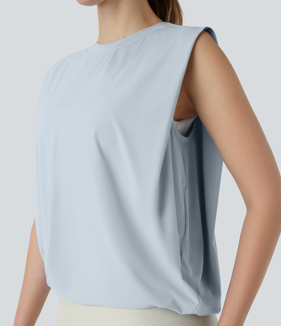 Round Neck Ruched Cool Touch Yoga Tank Top-UPF50+ - Illusion Blue