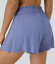 Frill High Waisted Elastic Waistband Drawstring Flowy Stacked Casual Shorts 3" - Bleached Denim