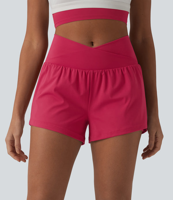 SoftlyZero™ Airy Crossover High Waisted 2-in-1 Cool Touch Yoga Shorts 3'' with Pockets - Winterberry