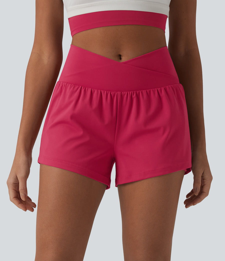 SoftlyZero™ Airy Crossover High Waisted 2-in-1 Cool Touch Yoga Shorts 3'' with Pockets