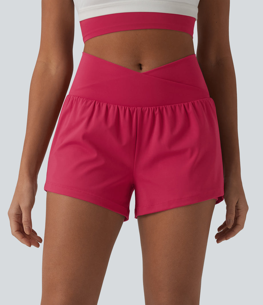 SoftlyZero™ Airy Crossover High Waisted 2-in-1 Cool Touch Yoga Shorts 3'' with Pockets - Winterberry