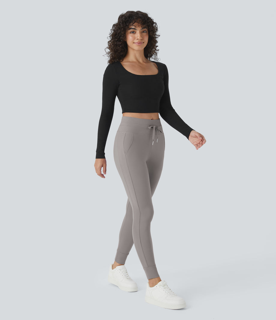 SoftlyZero™ Plush High Waisted Drawstring Pocket Plain Full Length Joggers - Gull