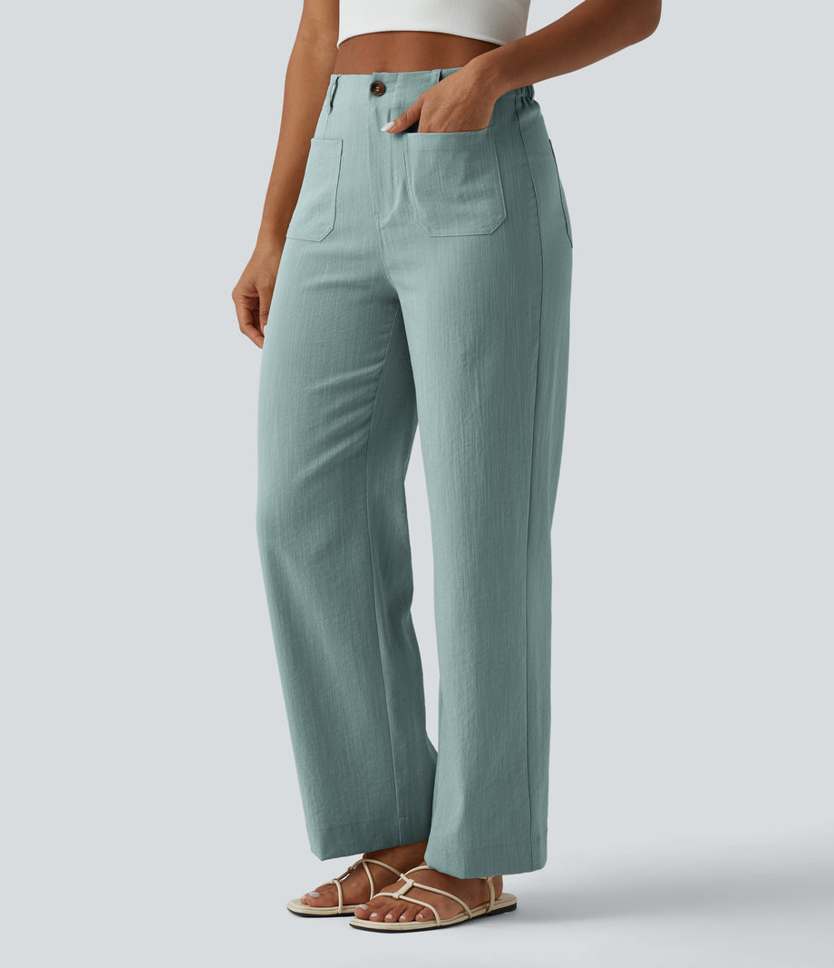 High Waisted Straight Leg Casual Linen-Feel Pants with Pockets - Silverwood Sage