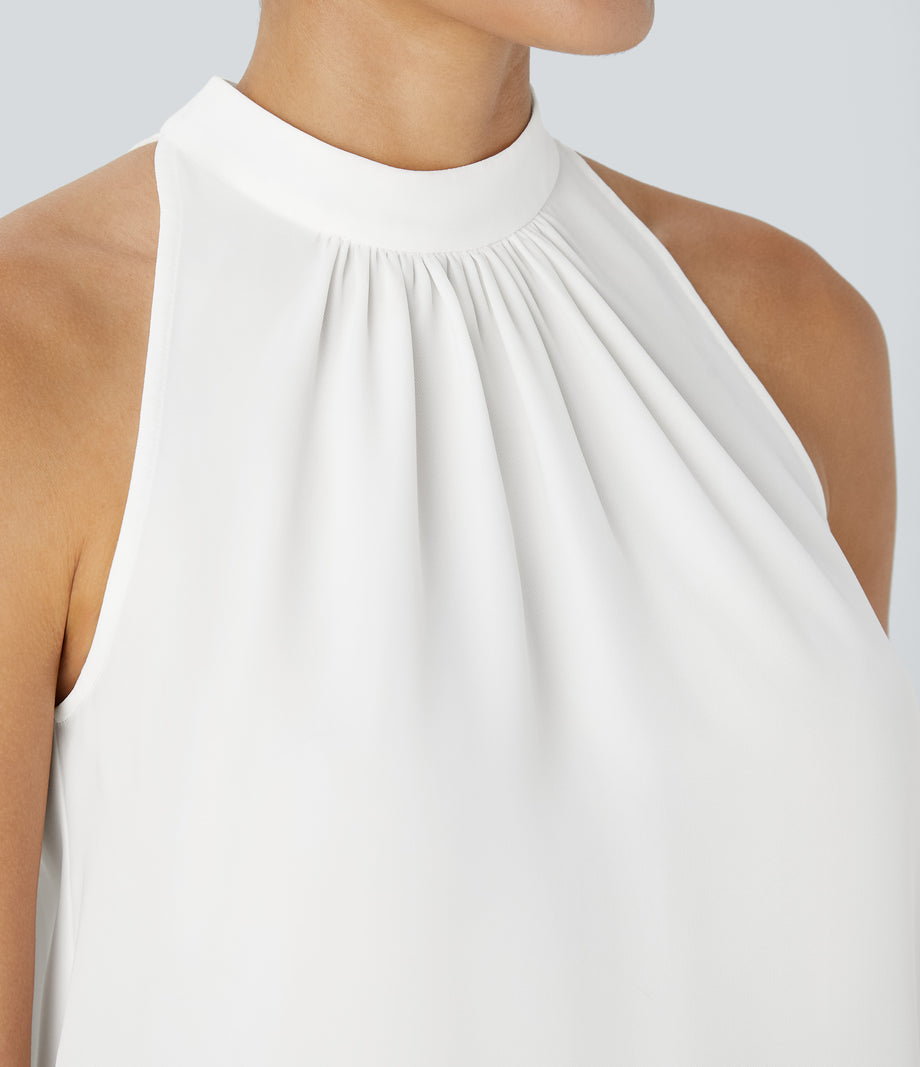 Keyhole Back Halter Sleeveless Curved Hem Work Blouse - Fish Belly White