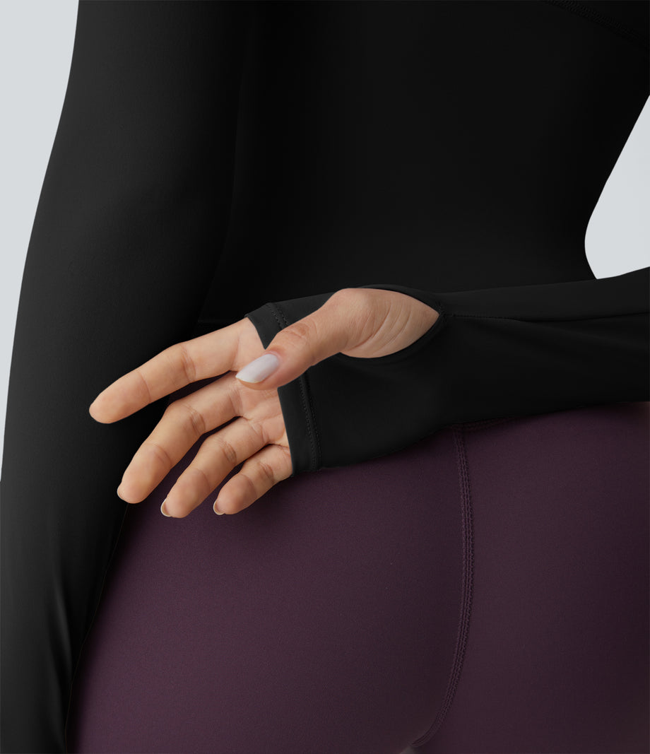 Solid Thumb Hole Yoga Sports Top - Black
