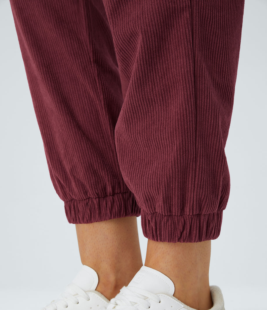 Mid Rise Zipper Pockets Corduroy Casual Joggers - Pomegranate
