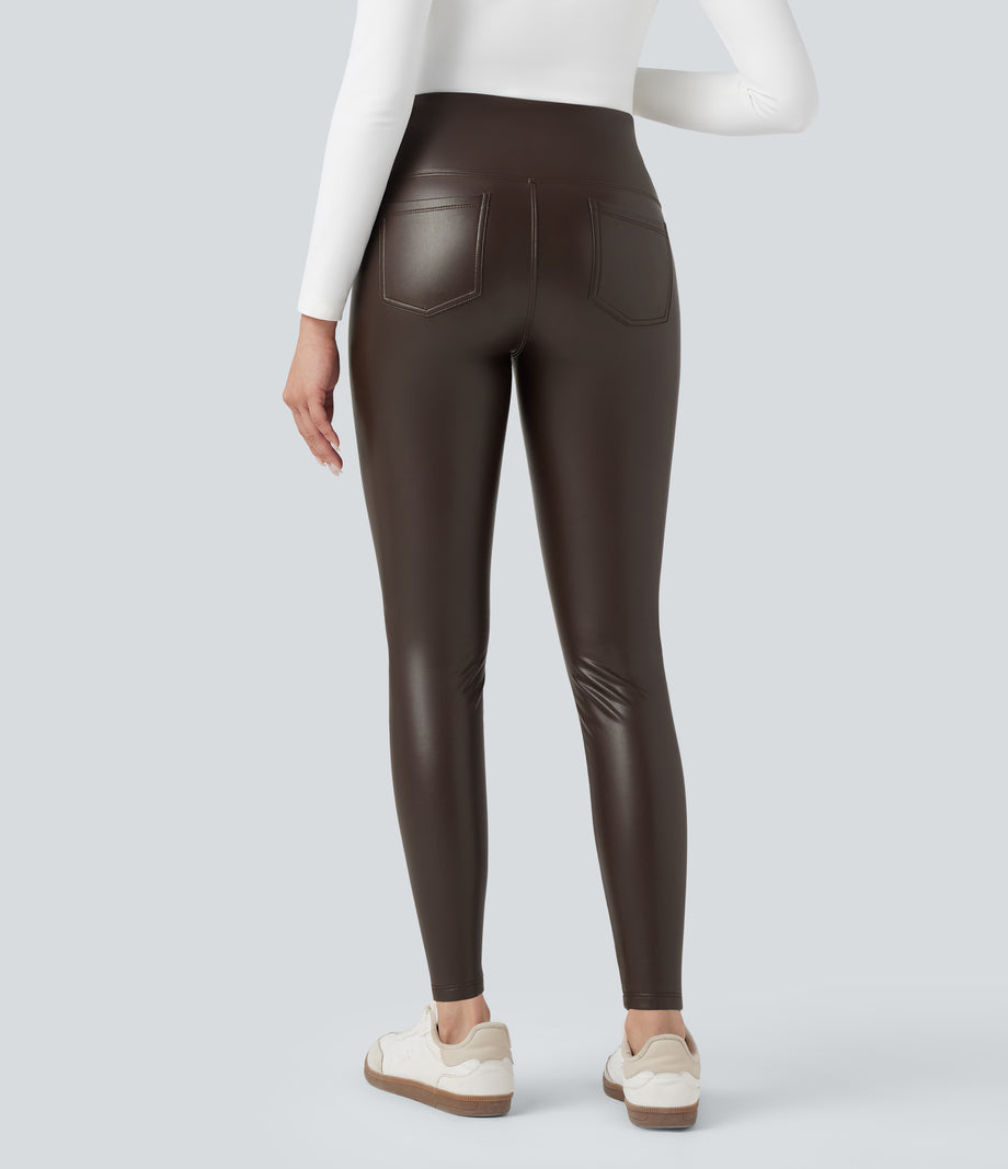 High Waisted Tummy Control Stretchy PU Fleece 7/8 Skinny Casual Leggings with Pockets - Hot Fudge