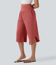 Breezeful™ High Waisted Tummy Control Hem Quick Dry Capri Pants with Pockets - Kapok Red