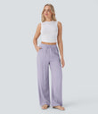 High Waisted Drawstring Pocket Wide Leg Baggy Casual Linen-Feel Pants - Wanderlust - Lilac