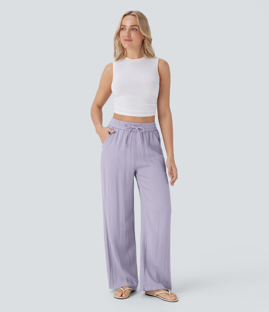 High Waisted Drawstring Pocket Wide Leg Baggy Casual Linen-Feel Pants - Wanderlust - Lilac