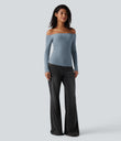 Ribbed Knit Off Shoulder Long Sleeve 2-in-1 Casual Top - Dusty Blue