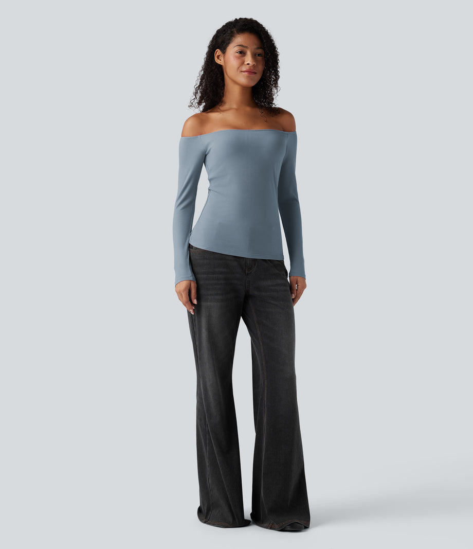 Ribbed Knit Off Shoulder Long Sleeve 2-in-1 Casual Top - Dusty Blue