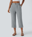 High Waisted Zipper Pocket Cropped Linen-Feel Pants - Quarry