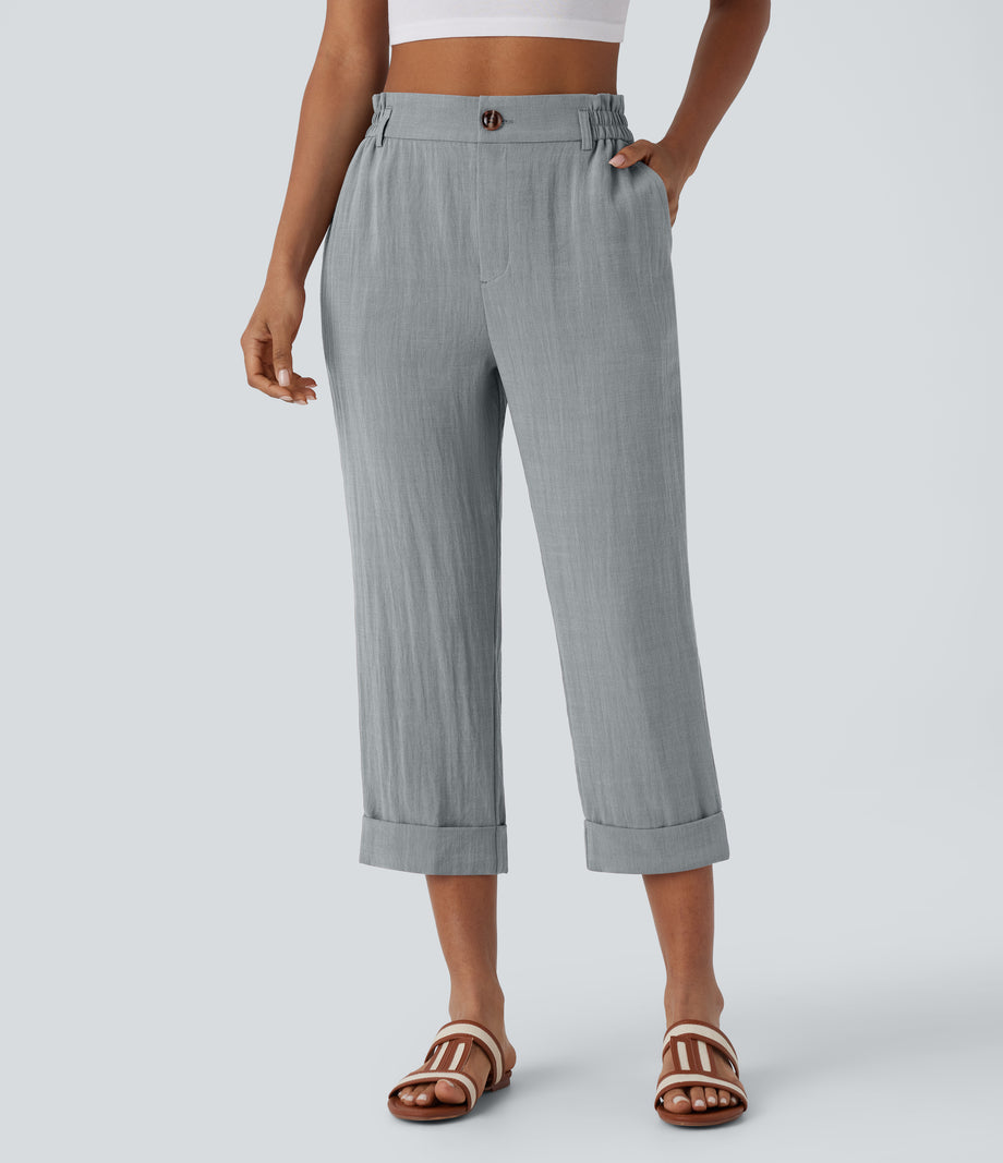 High Waisted Zipper Pocket Cropped Linen-Feel Pants - Quarry