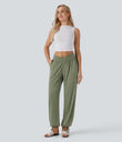 Crossover High Waisted Pocket Drawstring Casual Joggers - Light Green Floral Yarn
