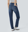 Halara Flex™ High Waisted Pockets Straight Leg Washed Casual Jeans - Distressed Denim Dark Blue