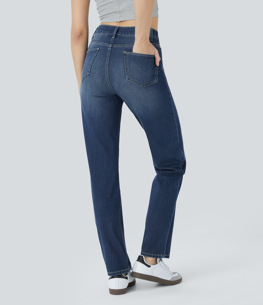 Halara Flex™ High Waisted Pockets Straight Leg Washed Casual Jeans - Distressed Denim Dark Blue